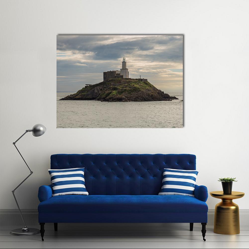 Mumbles Lighthouse on Coastal Island Canvas Wall Art in gray, brown and blue, single panel hung on a wall