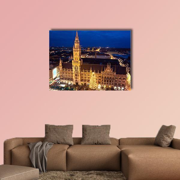 Munich Christmas Market Canvas Wall Art in gold, yellow and blue, single panel hung on a wall