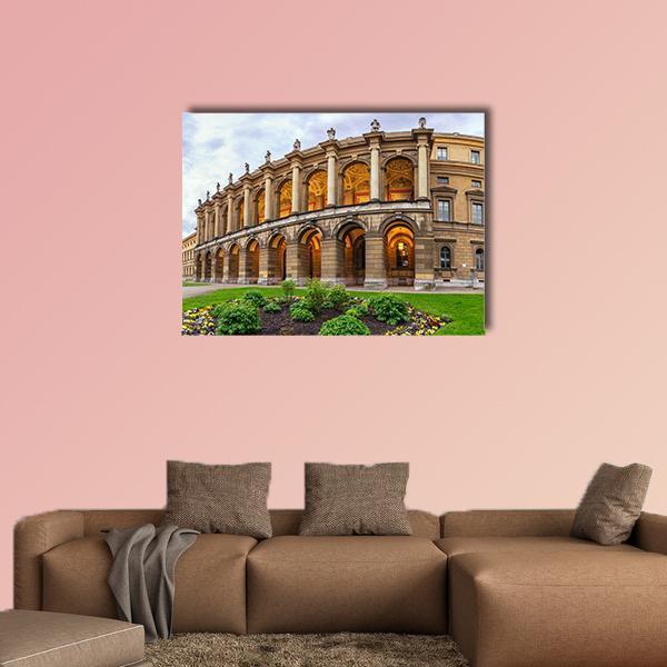 Munich City Skyline Canvas Wall Art in beige, brown and green, single panel hung on a wall