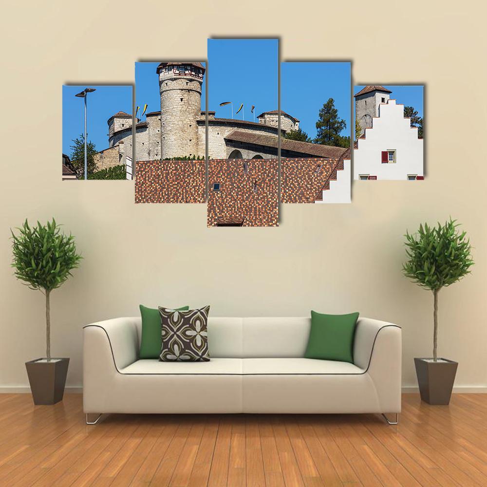 Munot Fortress Canvas Wall Art in white, brown and blue, 5 panel Star layout hung on a wall