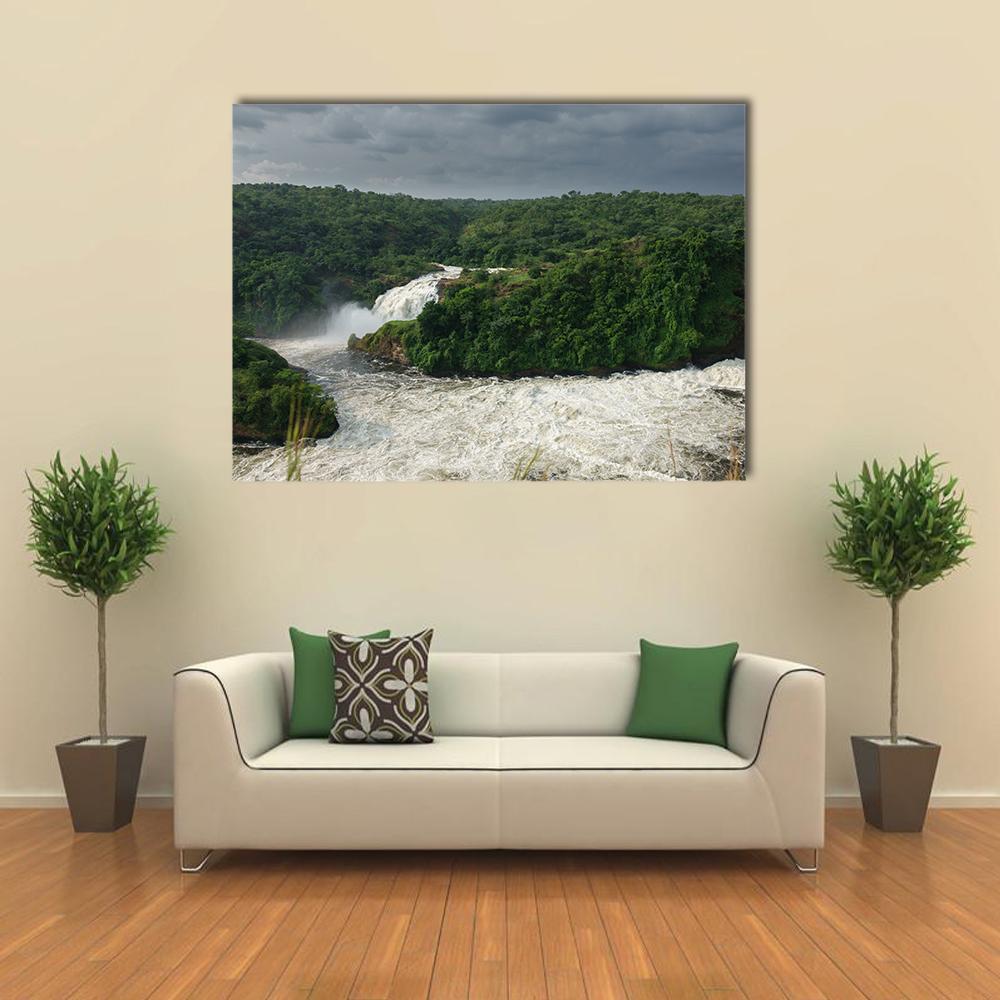 Murchison Falls on Nilo River Uganda Canvas Wall Art in white, gray and green, single panel hung on a wall