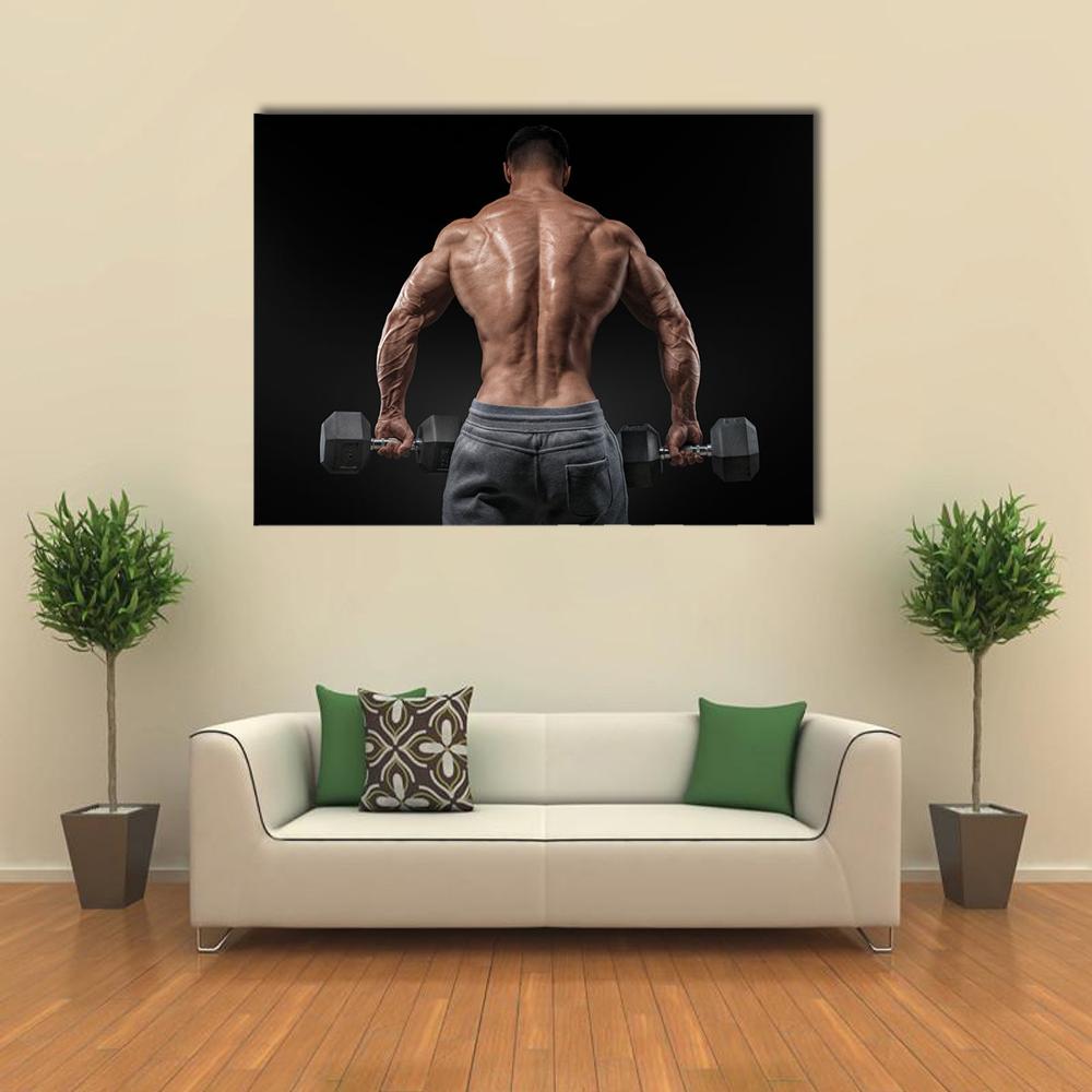 Muscular Male Bodybuilder Back View Canvas Wall Art in black, gray and brown, single panel hung on a wall