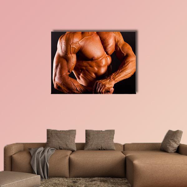 Bodybuilder Showing Muscles Canvas Wall Art in black, brown and orange, single panel hung on a wall