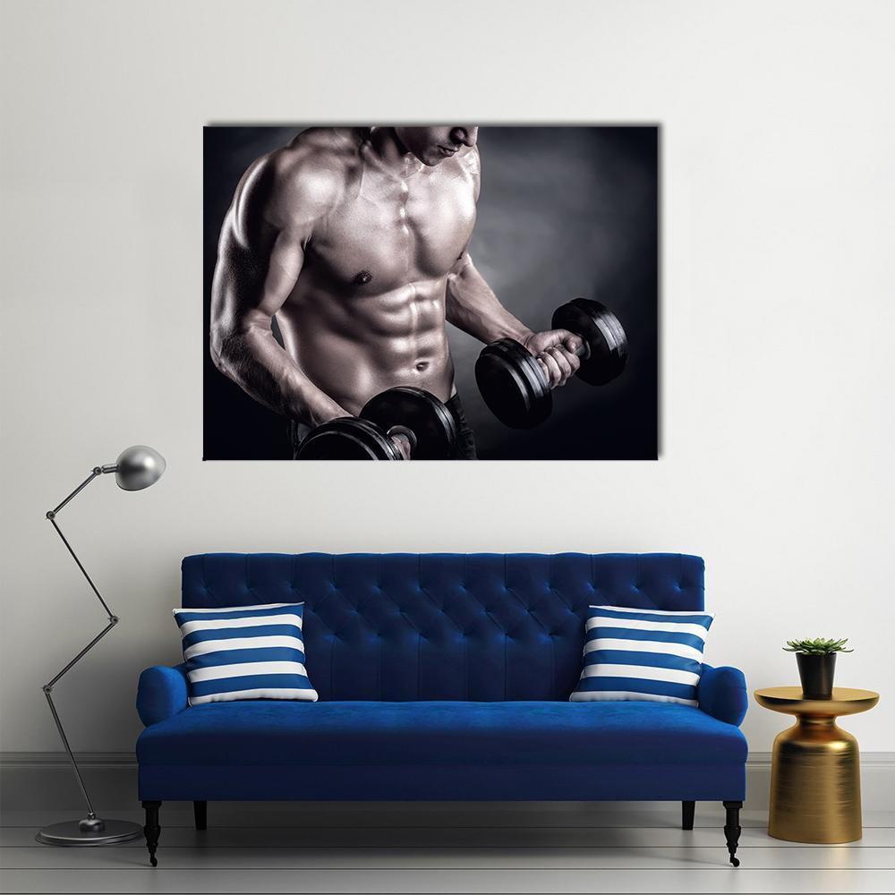 Bodybuilder Lifting Weights Canvas Wall Art in black and gray, single panel hung on a wall