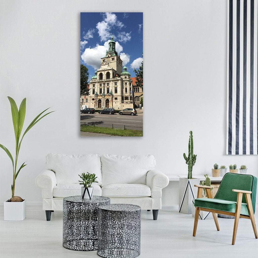 Museum Building in Munich Vertical Canvas Wall Art in white, beige and blue, single vertical panel hung on a wall