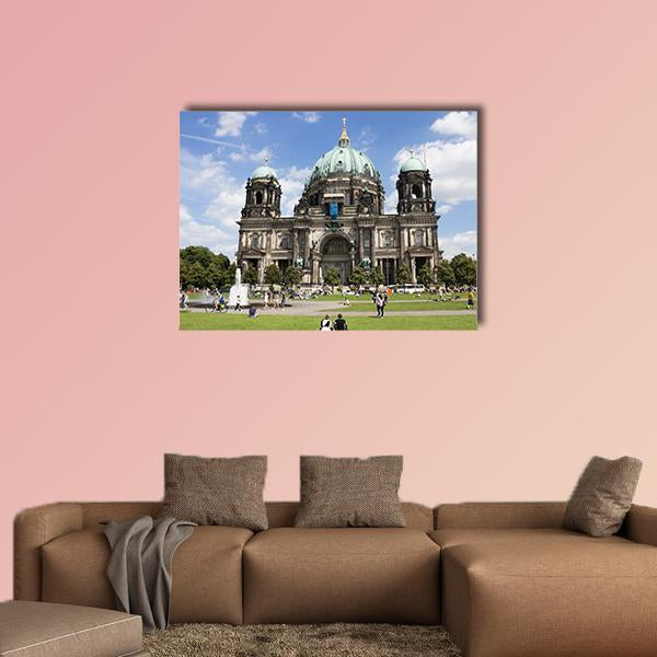 Museum Island Berlin with Cathedral and Fountain Canvas Wall Art in gray, green and blue, single panel hung on a wall
