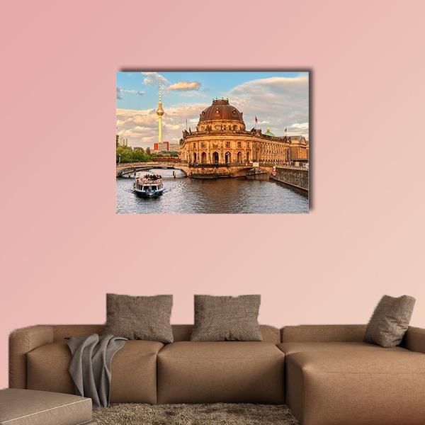 Museum Island on Spree River Canvas Wall Art in brown, orange and blue, single panel hung on a wall