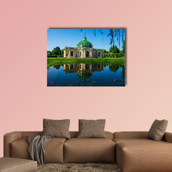 Kuskovo Museum Pavilion, Russia Canvas Wall Art in beige, green and blue, single panel hung on a wall