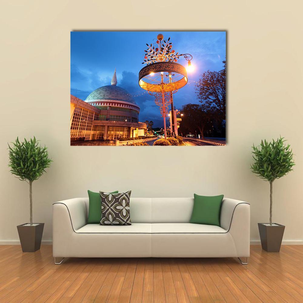 Domed Mosque at Twilight Canvas Wall Art in orange, yellow and blue, single panel hung on a wall