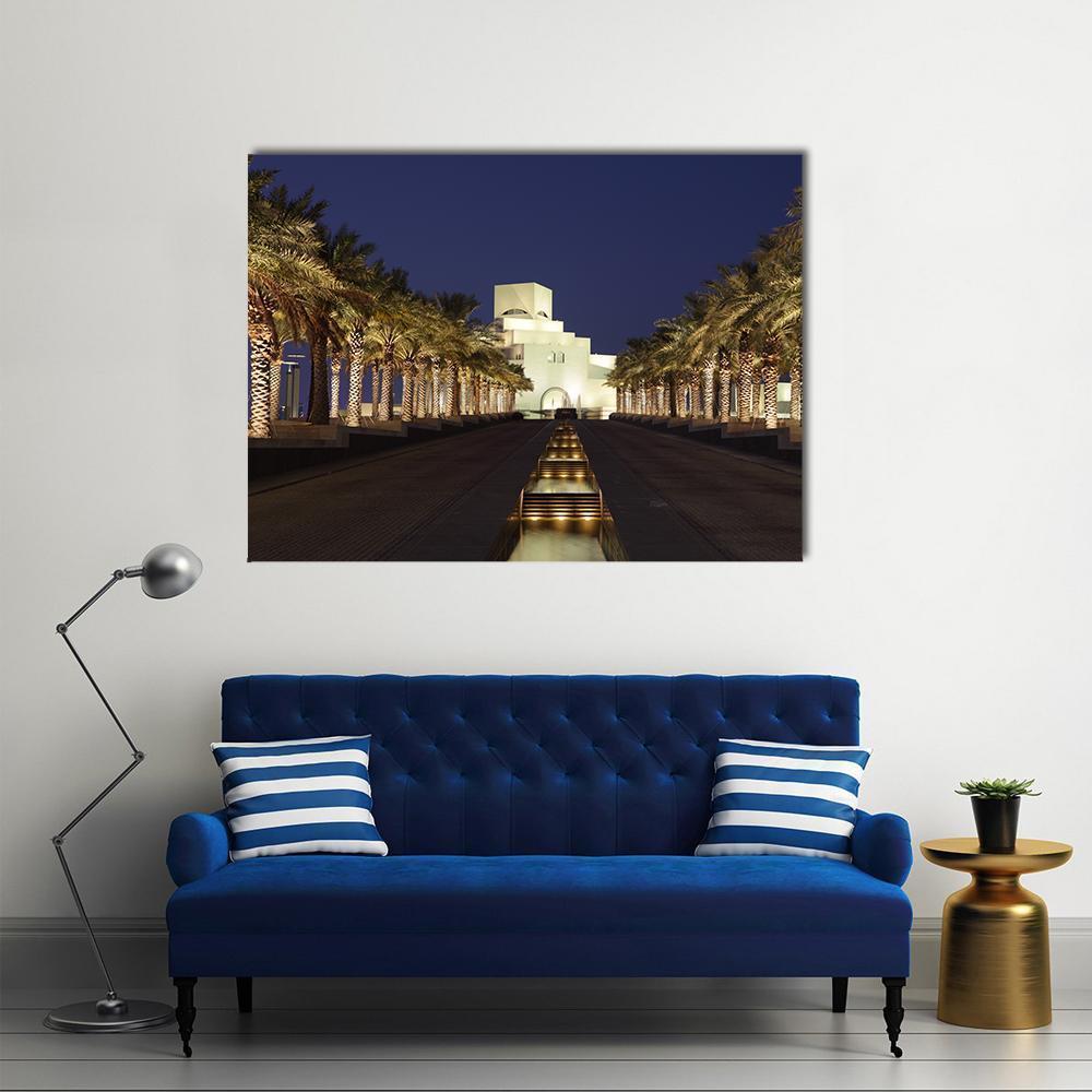 Museum of Islamic , Doha Night View Canvas Wall Art in black, yellow and blue, single panel hung on a wall