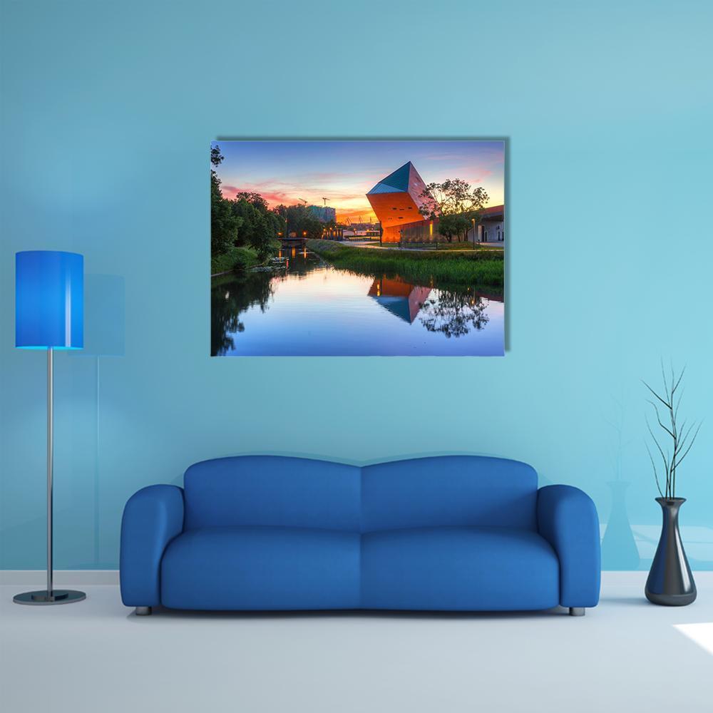 Museum of the Second World War at Sunset Canvas Wall Art in red, orange and blue, single panel hung on a wall