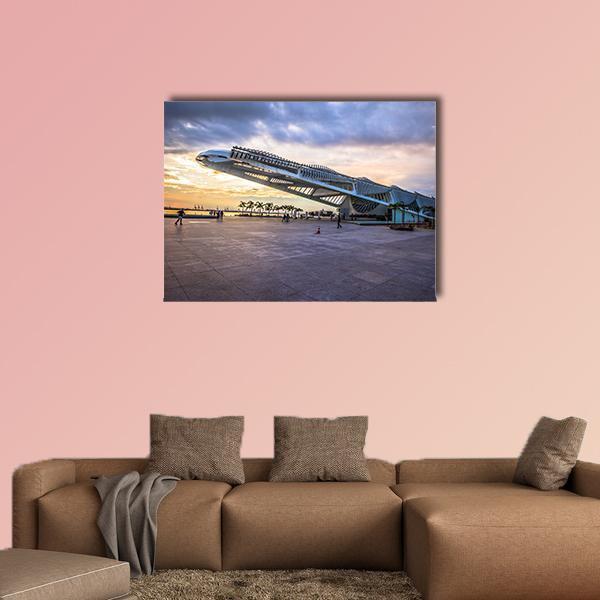 Museum of Tomorrow at Sunset Canvas Wall Art in gray, orange and blue, single panel hung on a wall