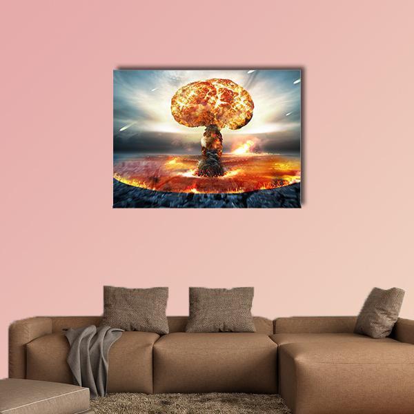 Danger of Nuclear War Canvas Wall Art in orange, yellow and blue, single panel hung on a wall