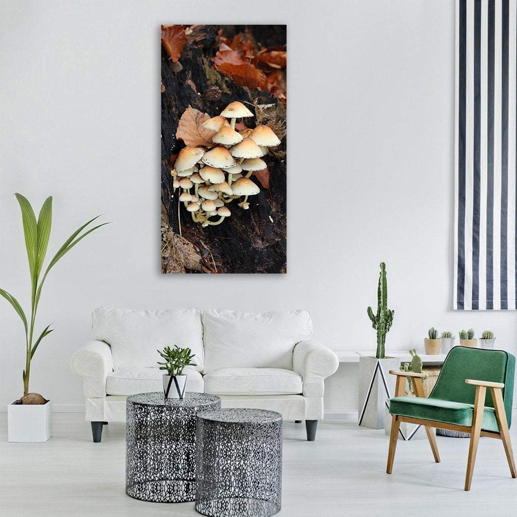 Mushrooms in Forest Vertical Canvas Wall Art in black, beige and brown, single vertical panel hung on a wall