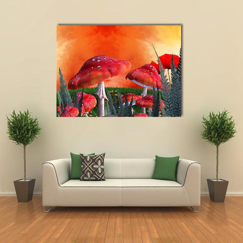 Enchanted Red Mushroom Forest Canvas Wall Art in red, orange and green, single panel hung on a wall