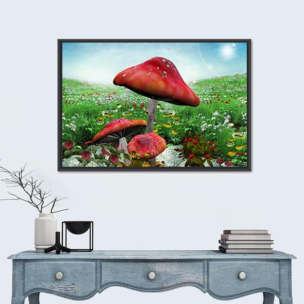 Mushrooms With Flowers Canvas Wall Art-1 Piece-Floating Frame-24" x 16"-Tiaracle