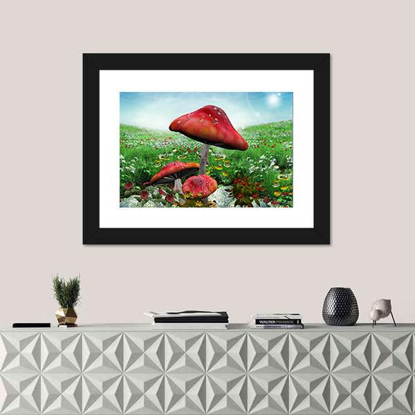 Mushrooms With Flowers Canvas Wall Art-1 Piece-Framed Print-20" x 16"-Tiaracle