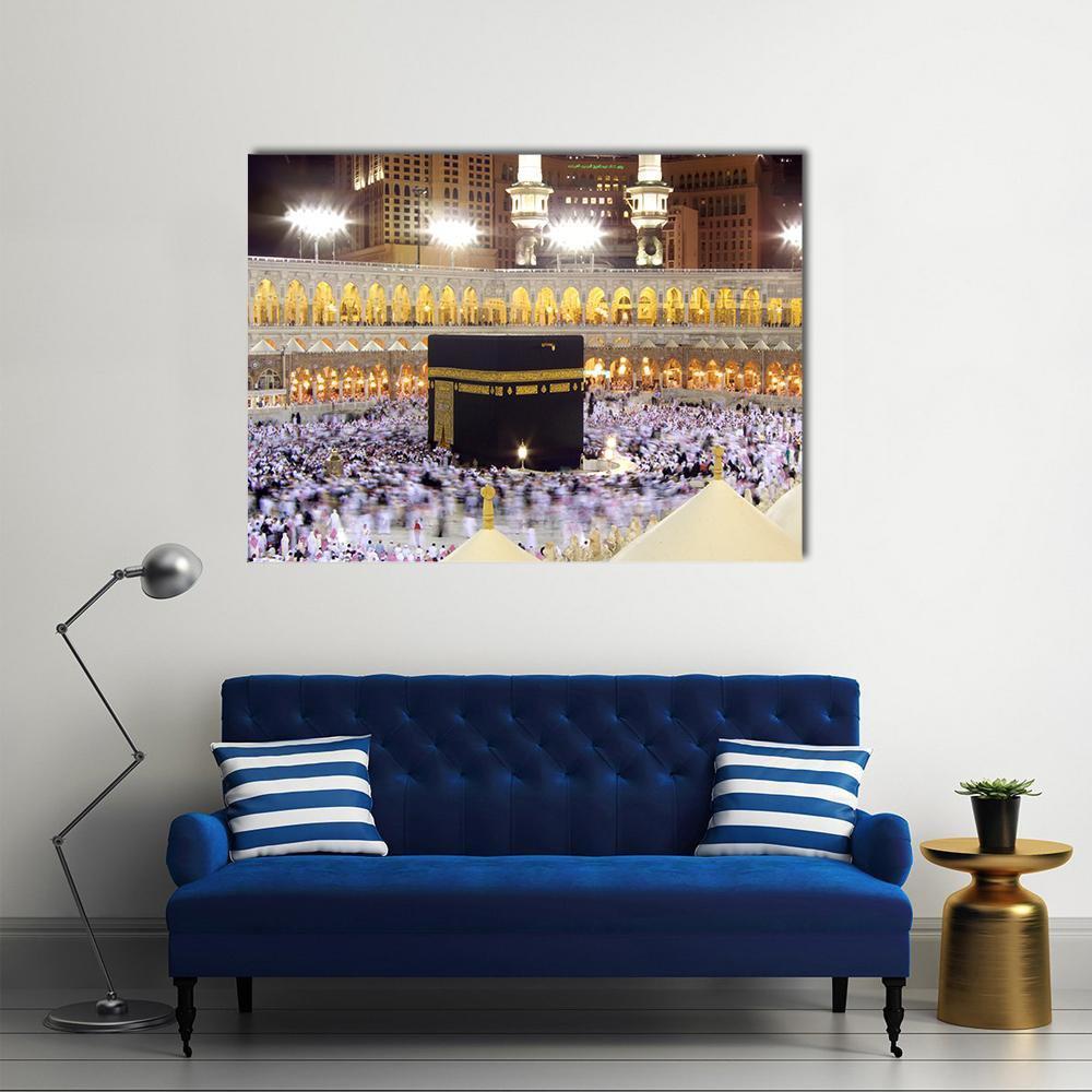 Kaaba at Night Canvas Wall Art in black, white and gold, single panel hung on a wall