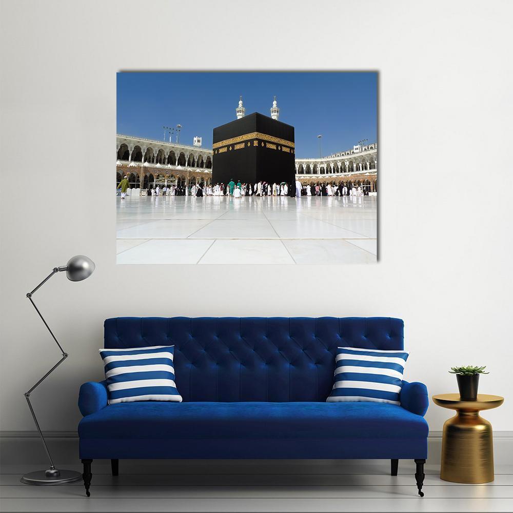 Kaaba at Masjid Al-haram Canvas Wall Art in black, white and blue, single panel hung on a wall