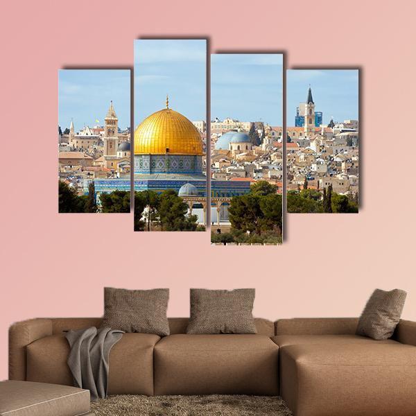 Dome of the Rock in Jerusalem Canvas Wall Art in beige, gold and blue, 3 panel horizontal set hung on a wall
