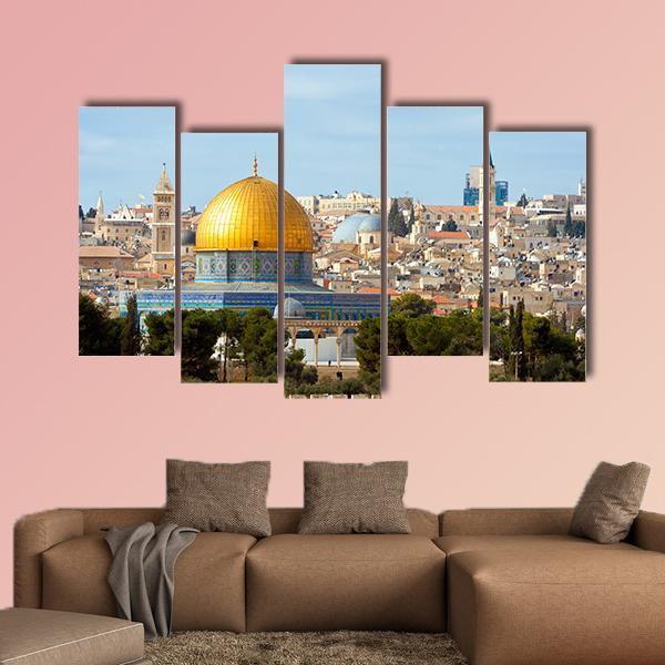 Dome of the Rock in Jerusalem Canvas Wall Art in beige, gold and blue, 3 panel horizontal set hung on a wall
