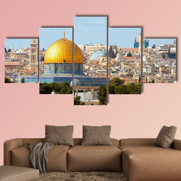 Dome of the Rock in Jerusalem Canvas Wall Art in beige, gold and blue, 3 panel horizontal set hung on a wall