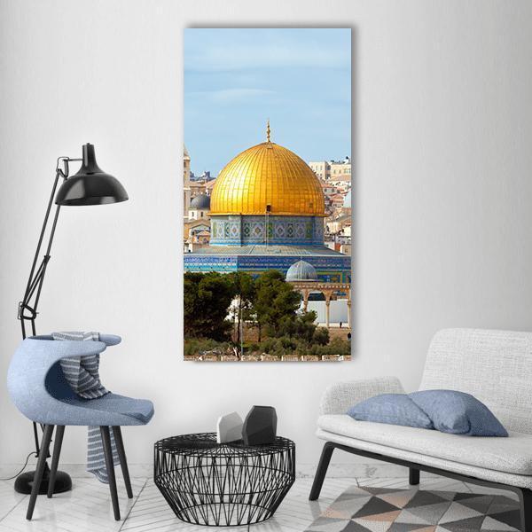 Dome of the Rock, Jerusalem Vertical Canvas Wall Art in beige, gold and blue, hung on a wall
