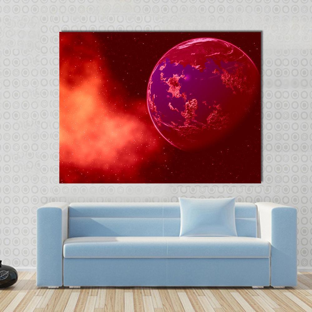 Mustafar Planet Canvas Wall Art in red, orange and purple, single panel hung on a wall