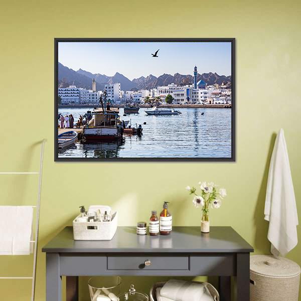 Muttrah Fish Docks Canvas Wall Art-1 Piece-Floating Frame-24" x 16"-Tiaracle