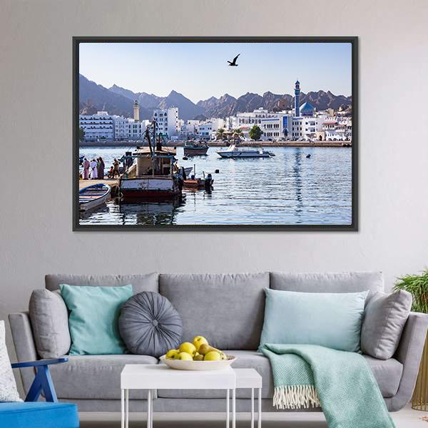 Muttrah Fish Docks Canvas Wall Art-3 Horizontal-Gallery Wrap-25" x 16"-Tiaracle