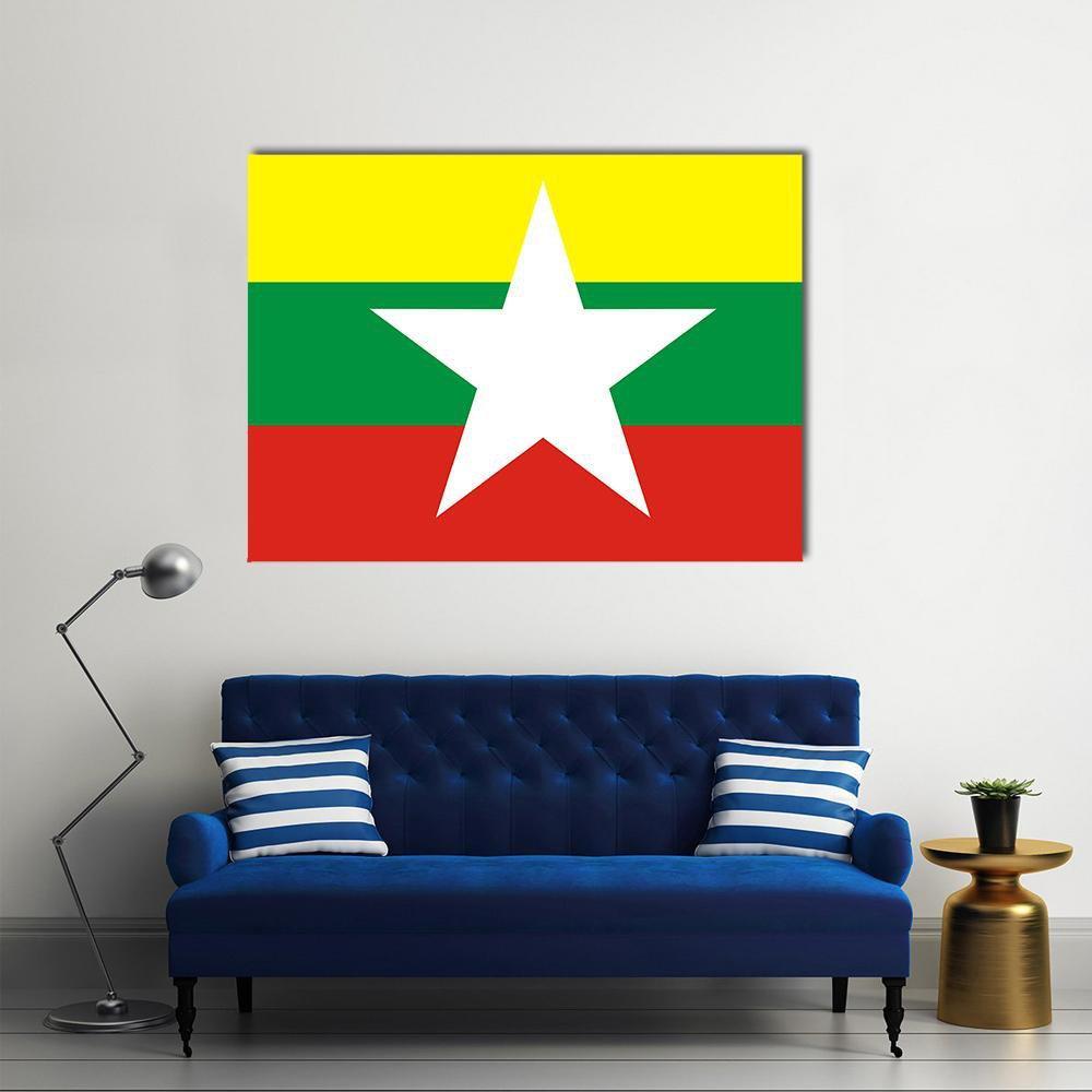 Myanmar Flag Canvas Wall Art in red, yellow and green, single panel hung on a wall