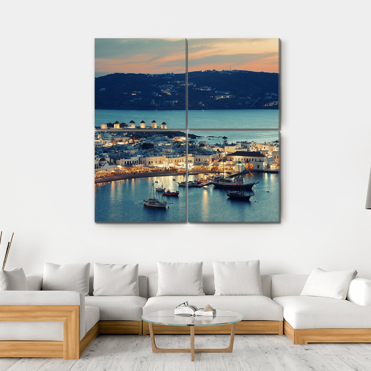 Mykonos Bay At Sunset Canvas Wall Art-4 Square-Gallery Wrap-17" x 17"-Tiaracle