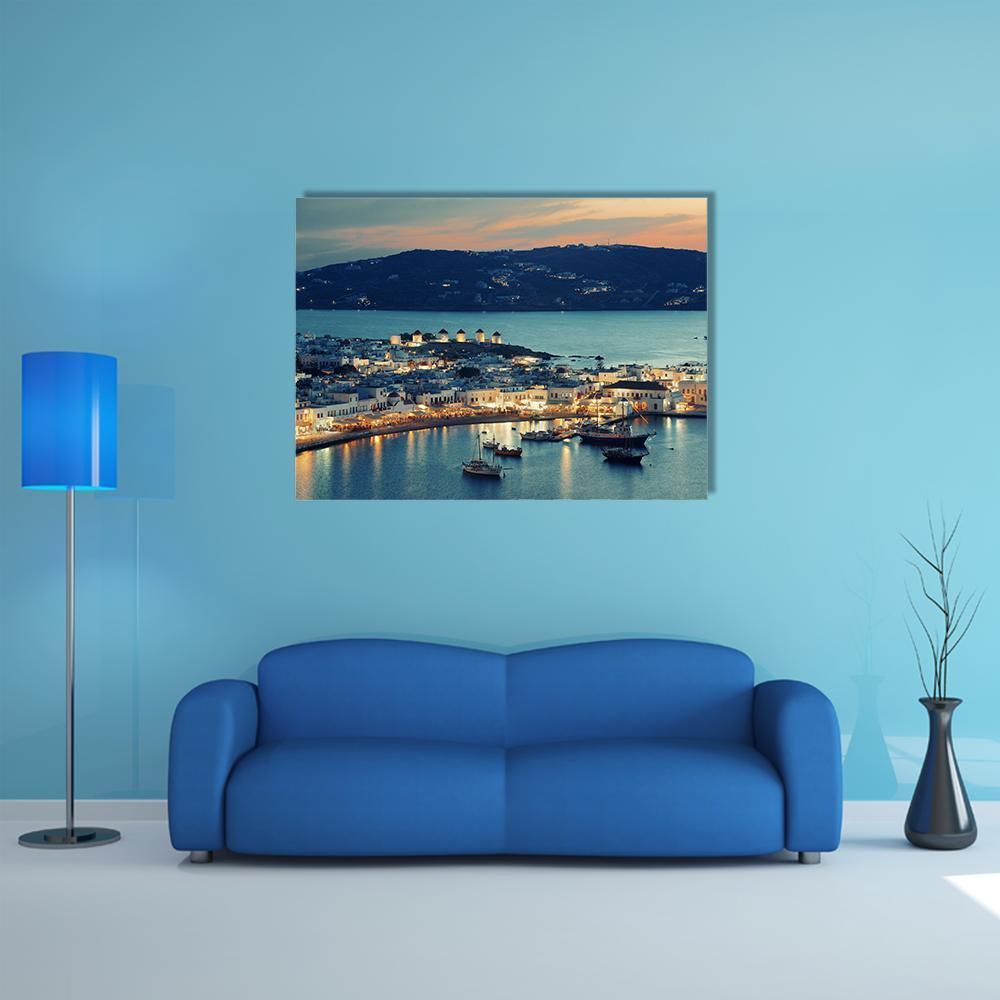 Mykonos Bay at Sunset Canvas Wall Art in white, orange and blue, single panel hung on a wall