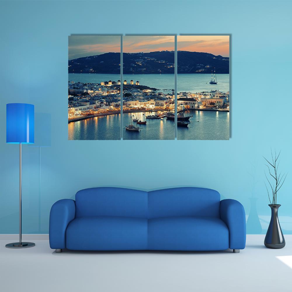 Mykonos Bay At Sunset Canvas Wall Art-3 Horizontal-Gallery Wrap-37" x 24"-Tiaracle