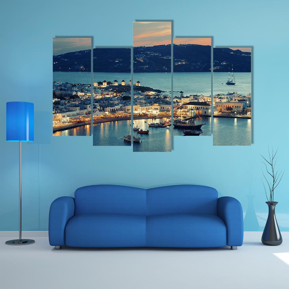 Mykonos Bay At Sunset Canvas Wall Art-5 Pop-Gallery Wrap-47" x 32"-Tiaracle