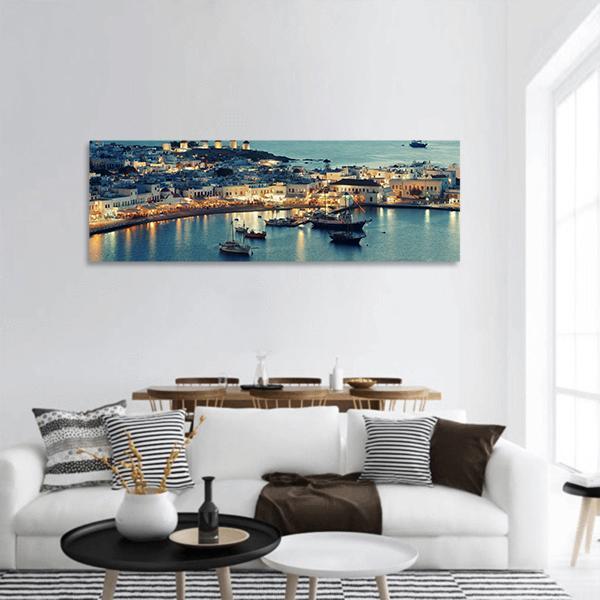 Mykonos Bay At Sunset Panoramic Canvas Wall Art-3 Piece-25" x 08"-Tiaracle