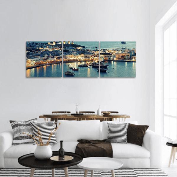 Mykonos Bay At Sunset Panoramic Canvas Wall Art-3 Piece-25" x 08"-Tiaracle