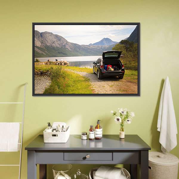 Car On Myrdal Lake Canvas Wall Art-1 Piece-Floating Frame-24" x 16"-Tiaracle
