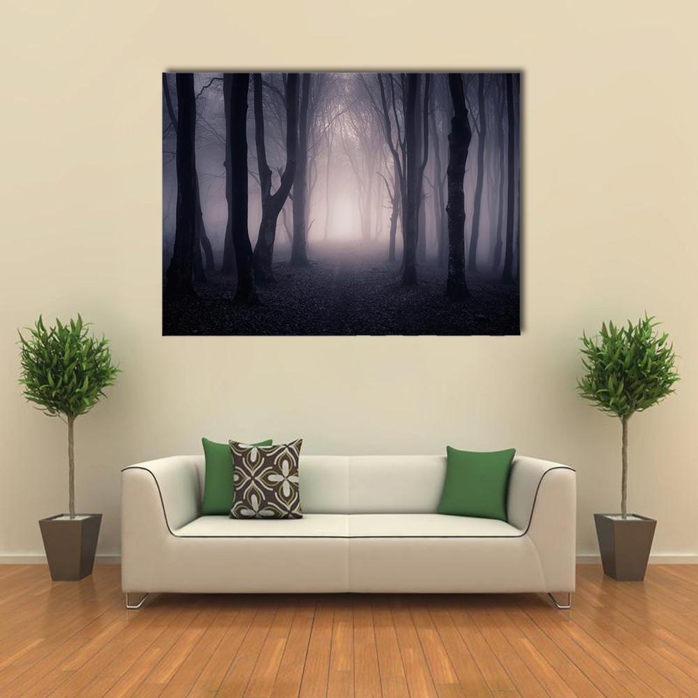 Foggy Forest Path at Dusk Canvas Wall Art in black, gray and purple, single panel hung on a wall