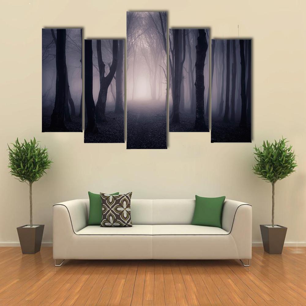 Dark Foggy Forest Path Canvas Wall Art-5 Pop-Gallery Wrap-47&quot; x 32&quot;-Tiaracle