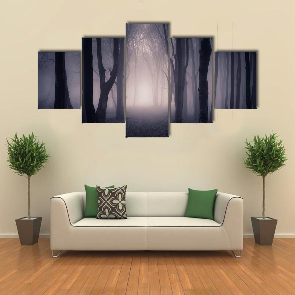 Dark Foggy Forest Path Canvas Wall Art-5 Star-Gallery Wrap-62&quot; x 32&quot;-Tiaracle