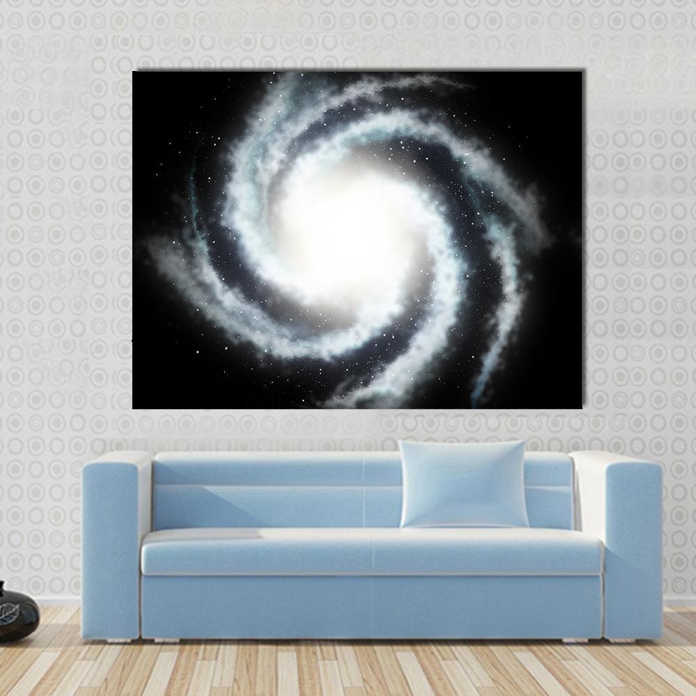 Mysterious Helicoid Galaxy Canvas Wall Art in black, white and blue, single panel hung on a wall