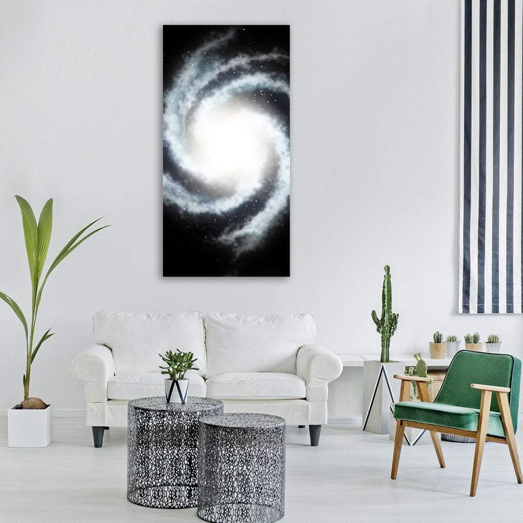 Mysterious Helicoid Galaxy Vertical Canvas Wall Art in black, white and gray, single vertical panel hung on a wall
