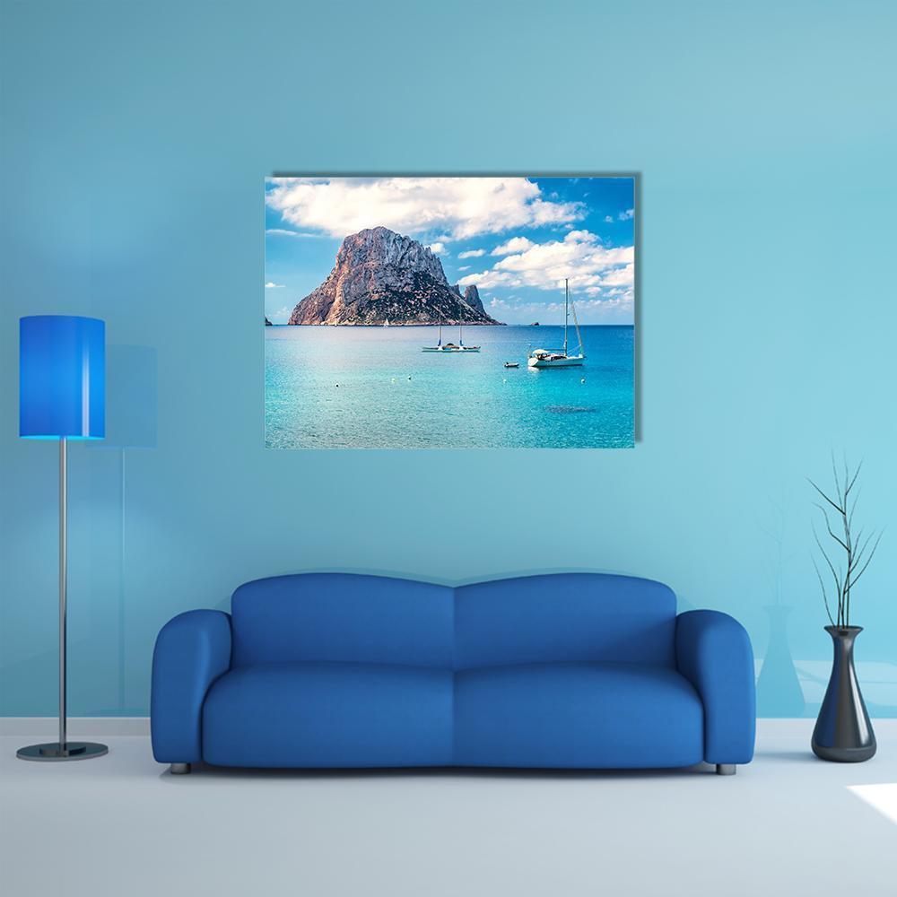 Es Vedra Island with Sailboats Canvas Wall Art in white, brown and blue, single panel hung on a wall