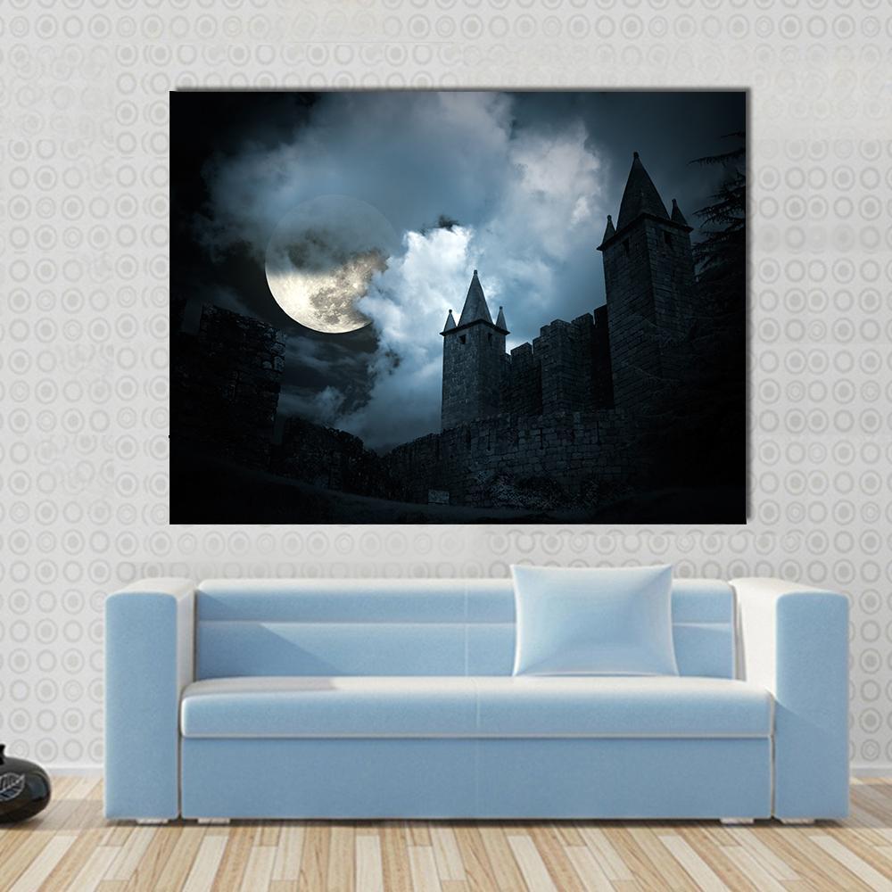 Mysterious Medieval Castle Canvas Wall Art in black, gray and blue, single panel hung on a wall