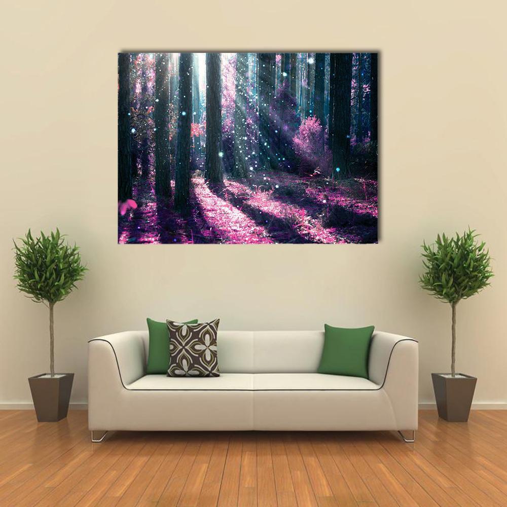 Enchanted Forest with Magical Light Canvas Wall Art in black, blue and purple, single panel hung on a wall