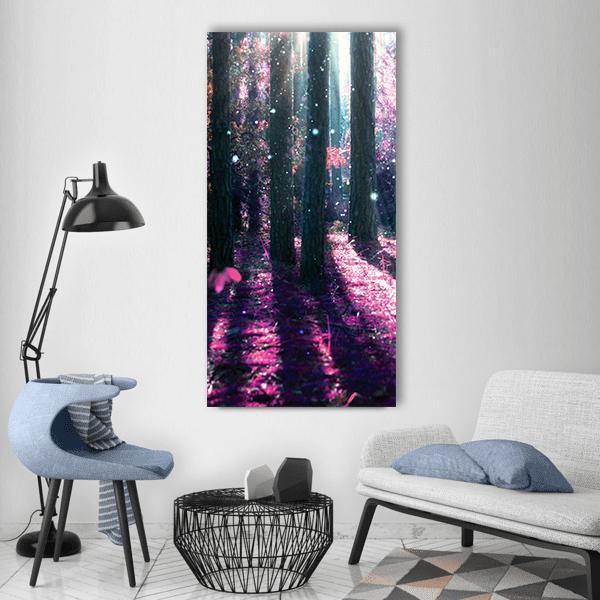 Mysterious Enchanted Forest Vertical Canvas Wall Art in black, purple and pink, single vertical panel hung on a wall