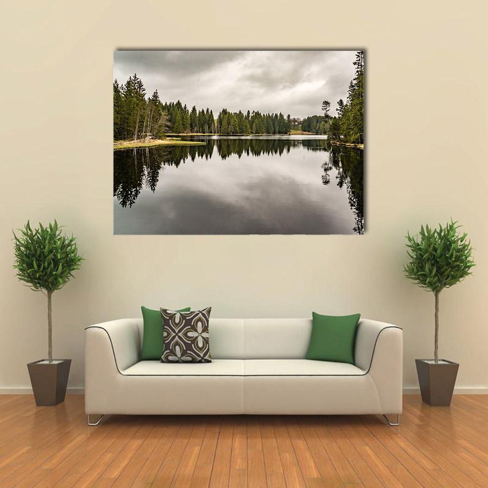 Mystery Lake with Forest Canvas Wall Art in black, gray and green, single panel hung on a wall
