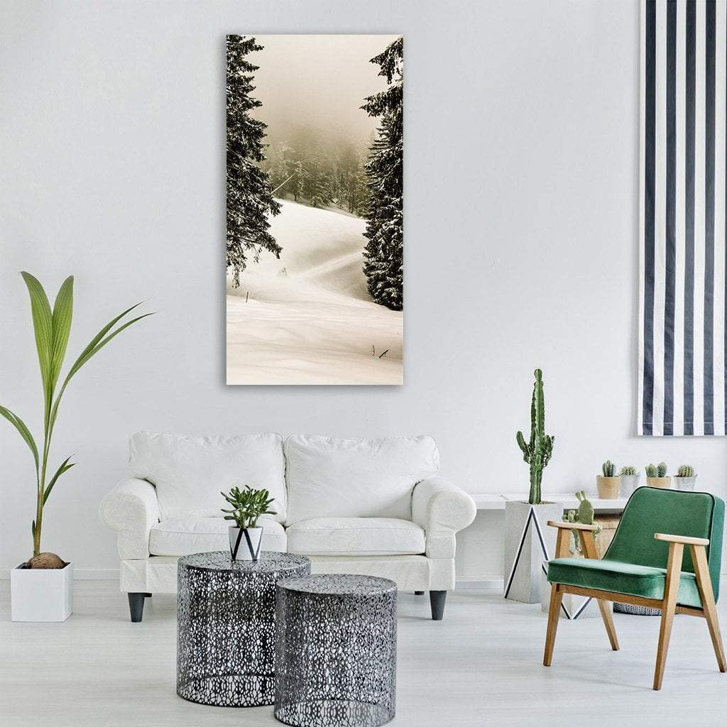 Mystic Winter Forest Vertical Canvas Wall Art in black, white and gray, single vertical panel hung on a wall