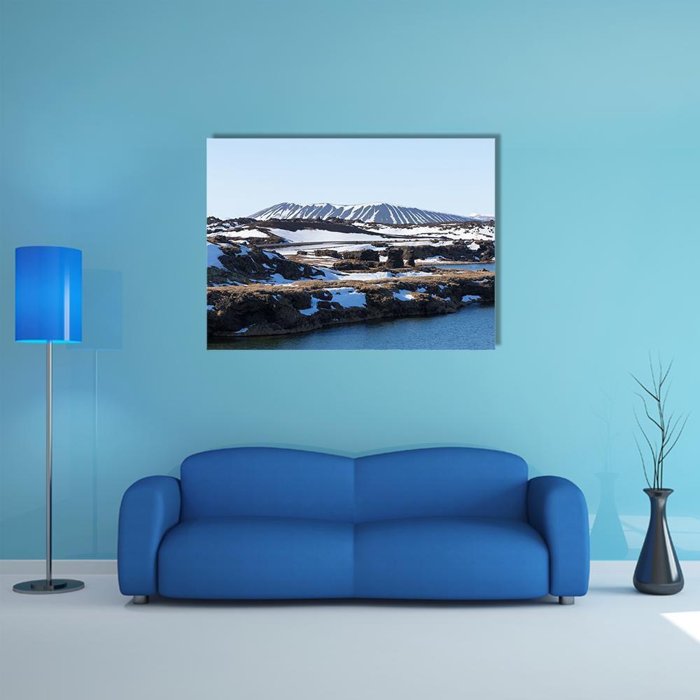 Myvatn Volcano in Winter Canvas Wall Art in black, white and blue, single panel hung on a wall